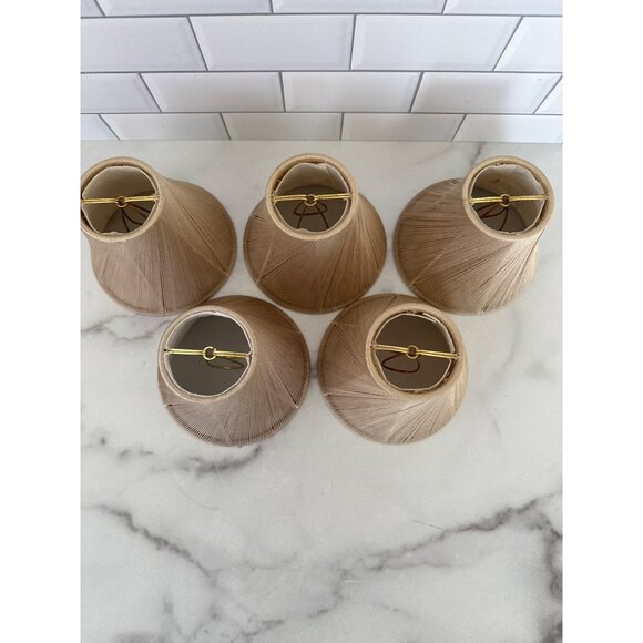 Set Of 5 Beige Thread-Wrapped Bell Lampshades Clip-On Fittings For Small Bulbs - Picture 2 of 4